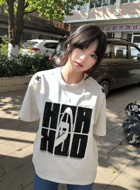 纯棉T恤美式圆领刺绣短袖街头半袖新款上衣复古男女潮牌情侣宽松