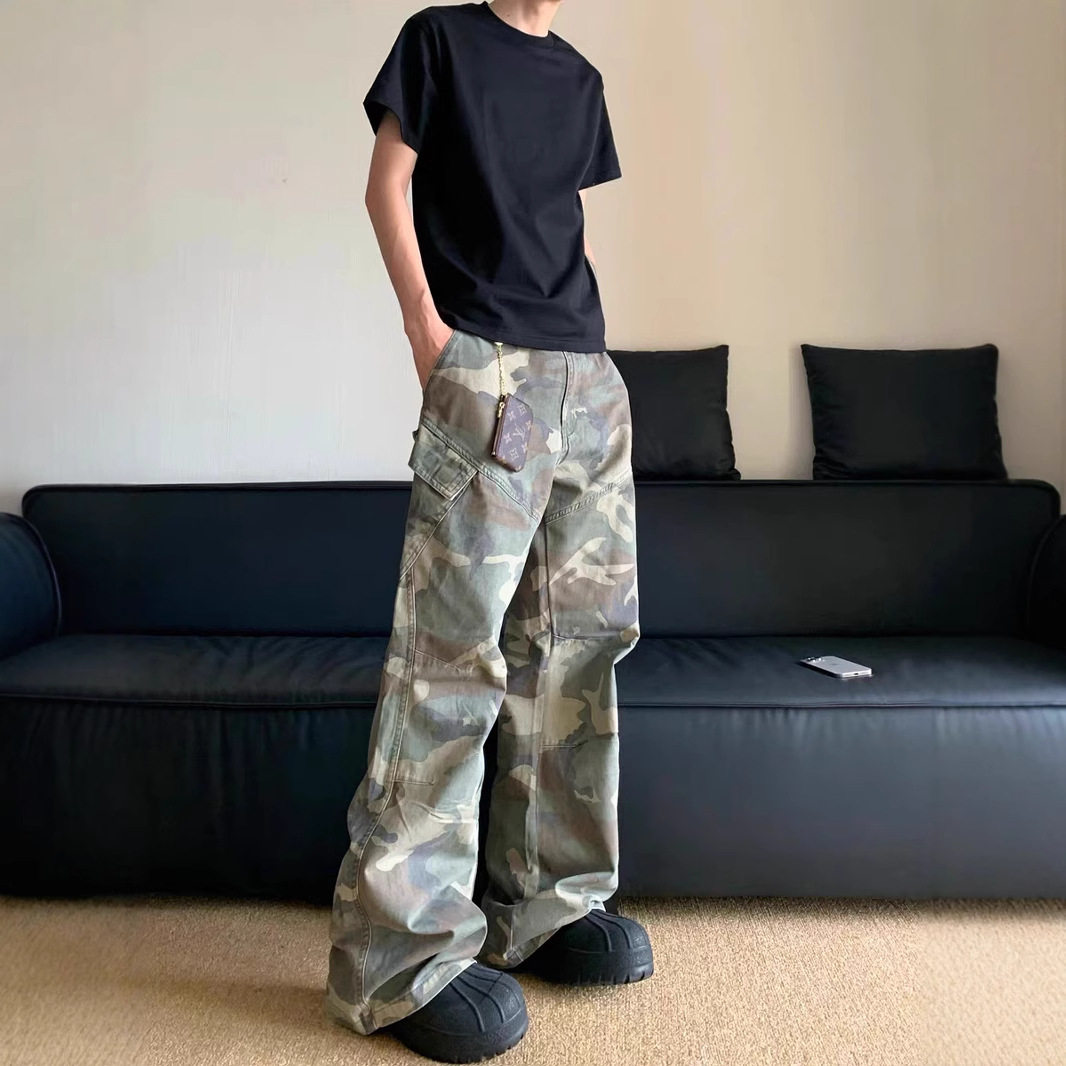美式迷彩工装休闲裤男直筒hiphop牛仔裤高街多口袋vibe微喇叭长裤