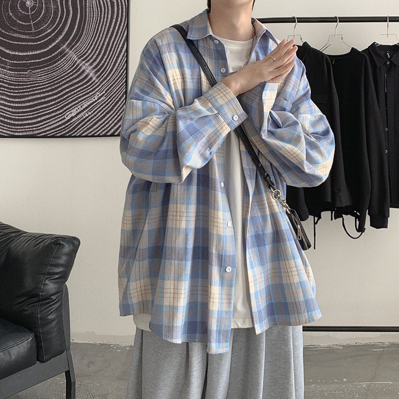 格子衬衫男长袖潮牌潮流日系宽松港风上衣服百搭韩版复古休闲衬衣,男装,衬衫,淘宝优惠券,粉丝福利购,淘宝优惠卷