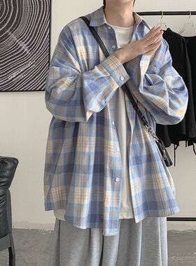 格子衬衫男长袖潮牌潮流日系宽松港风上衣服百搭韩版复古休闲衬衣