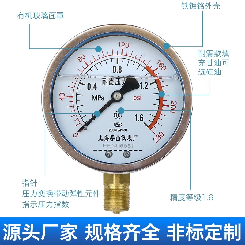YN-100 0-1 1.6 0.6 2.5MPa 耐震压力表上海亭山仪表厂