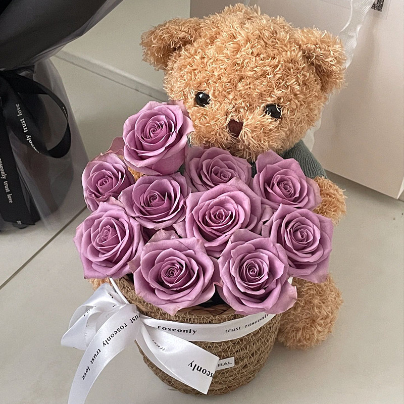小熊花束卡布奇诺玫瑰抱抱桶生日鲜花速递同城北京杭州西安配送店