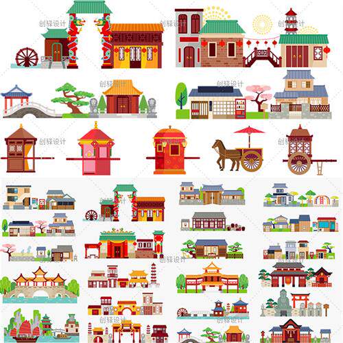 jz48扁平化卡通中国日本传统古代古镇风景建筑ps免抠矢量设计素材