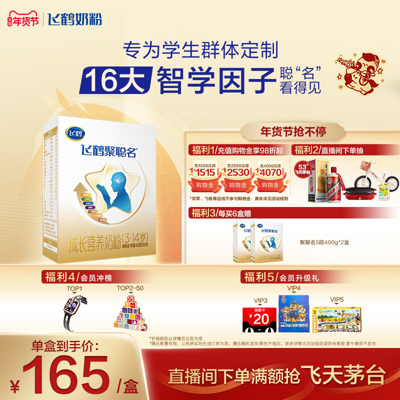 出行便携 飞鹤聚聪名DHA儿童学生青少年成长高钙奶粉400g*1盒正品,婴童奶粉,儿童奶粉（4段）,淘宝优惠券,粉丝福利购,淘宝优惠卷