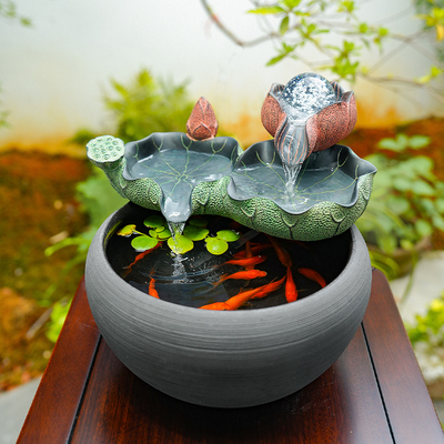 桌面生财流水摆件循环水风水轮客厅室内茶室布置生态鱼缸陶瓷鱼池