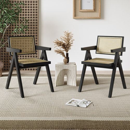 昌迪加尔椅子实木椅家用藤编椅北欧原木风民宿靠背侘寂风椅餐桌椅