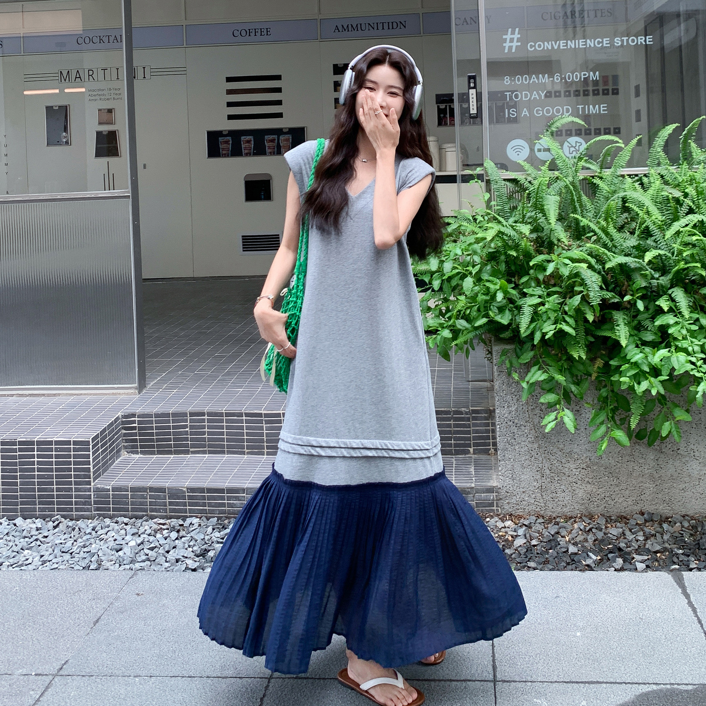 灰拼色韩版宽松慵懒风显瘦连衣裙女2025夏季新款松弛感无袖T恤裙