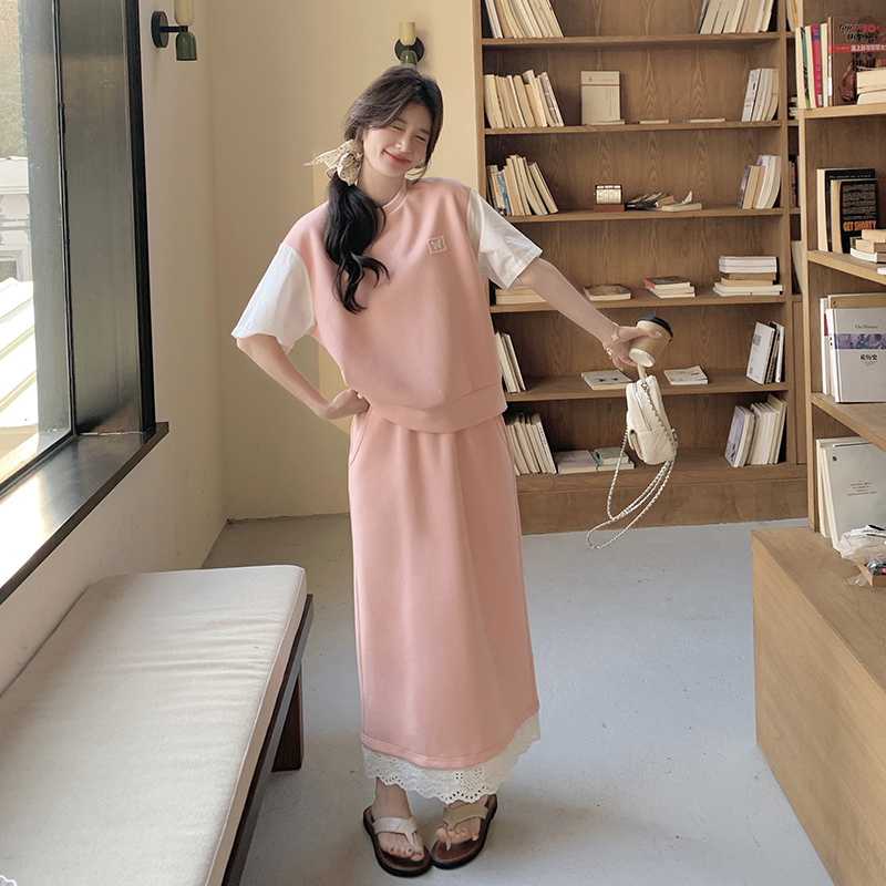 粉色韩系俏皮假两件卫衣套装裙女2025夏季新款温柔风半身裙两件套