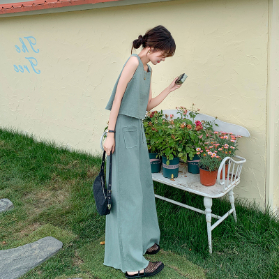 孔雀蓝亚麻无袖上衣阔腿裤套装