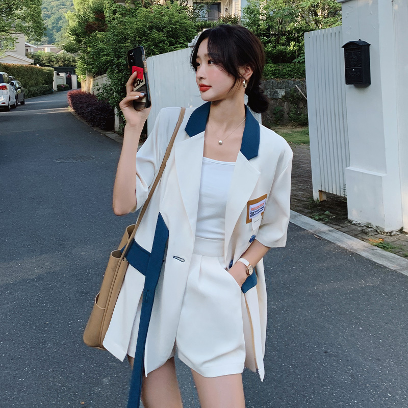 短袖撞色西装套装女2025夏季新款高级感女神范西服阔腿短裤两件套