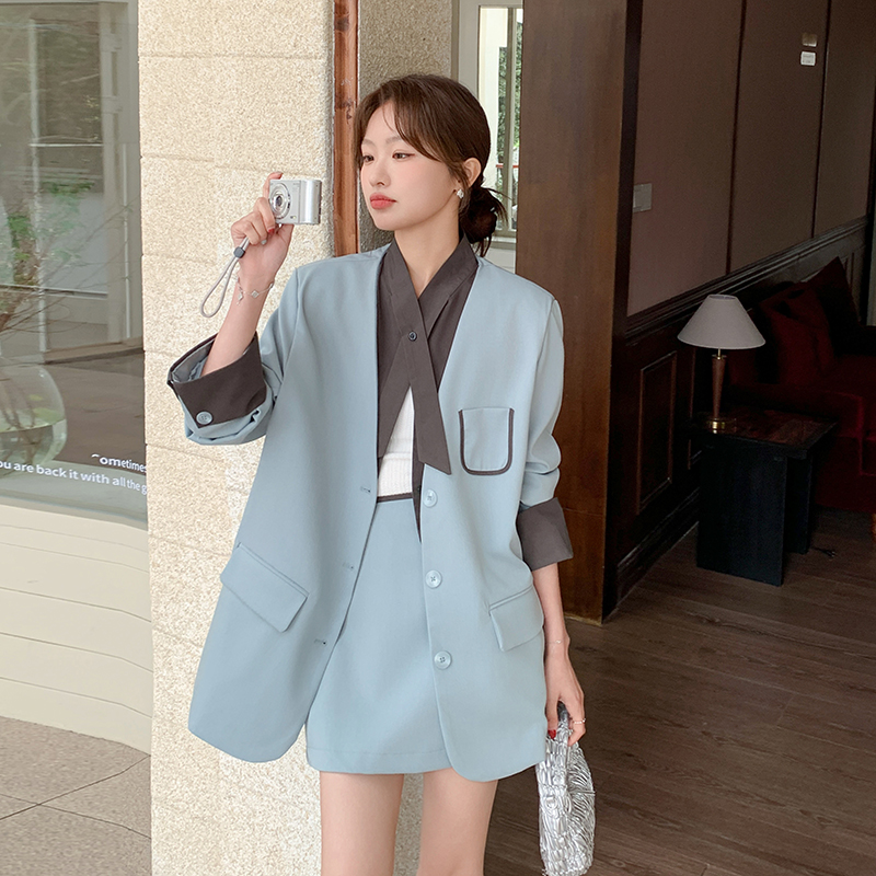 蓝色韩版气质假两件拼色西装套装裙女2025春季新款半身短裙两件套
