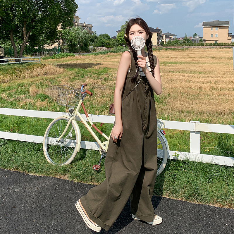 军绿色工装背带裤女2025夏季新款韩版高腰显瘦学院风阔腿休闲长裤