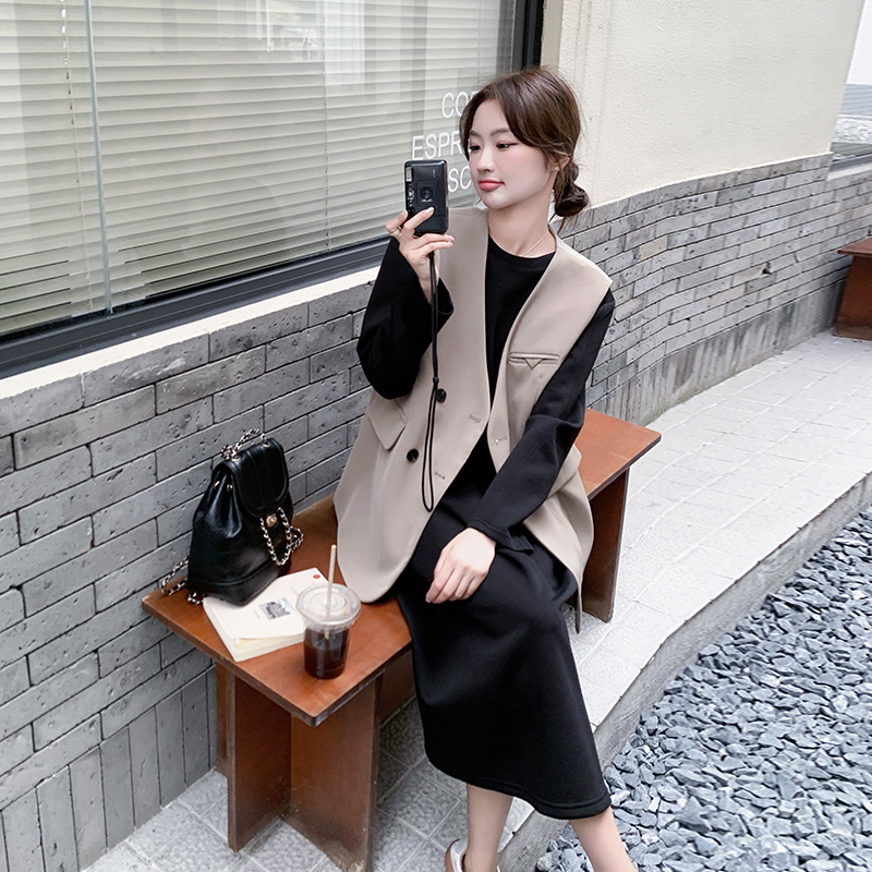 韩系气质西装马甲长袖连衣裙套装女2025早春新款轻熟风裙子两件套