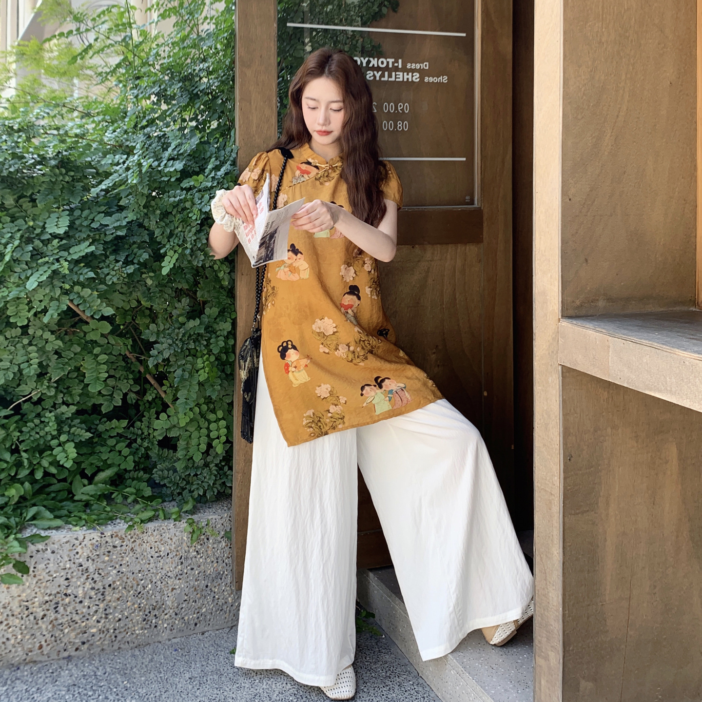 新中式国风印花改良旗袍上衣套装女2025夏季新款休闲阔腿裤两件套