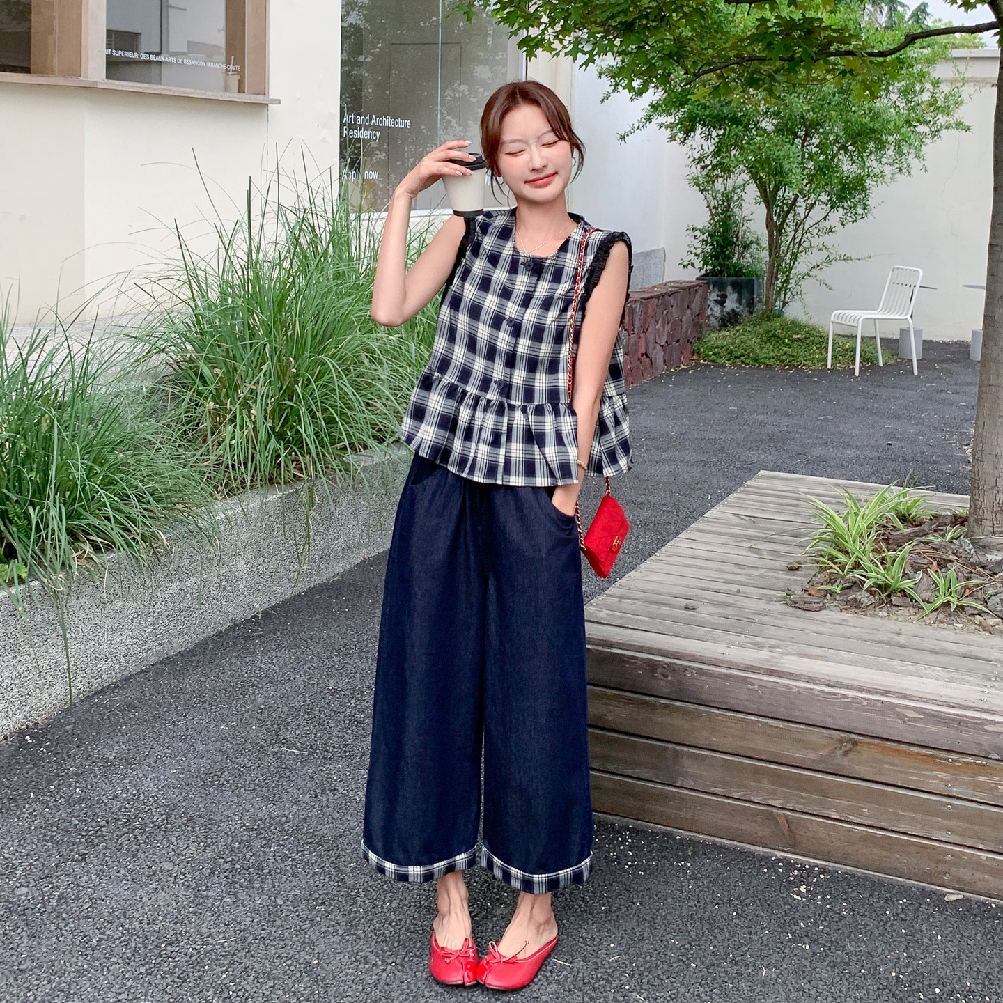 格子少女感小个子显瘦穿搭背心套装女2025年夏季新款阔腿裤两件套