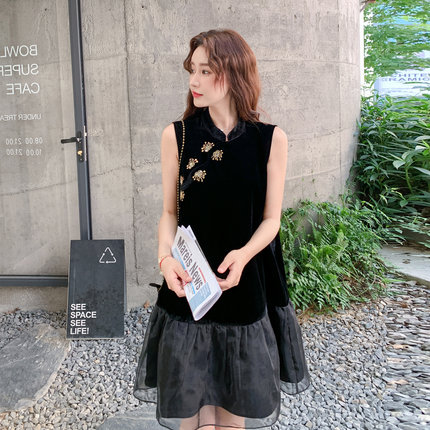 黑色新中式国风轻奢高级感连衣裙女2025夏季新款气质丝绒改良旗袍