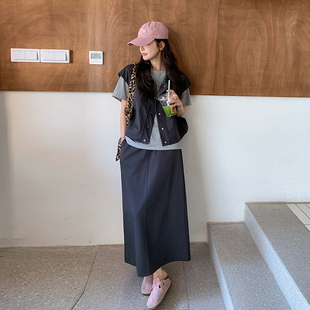 裙女2025春夏新款 深灰色韓版 甜酷風(fēng)套裝 工裝 時(shí)尚 馬甲半身裙兩件套