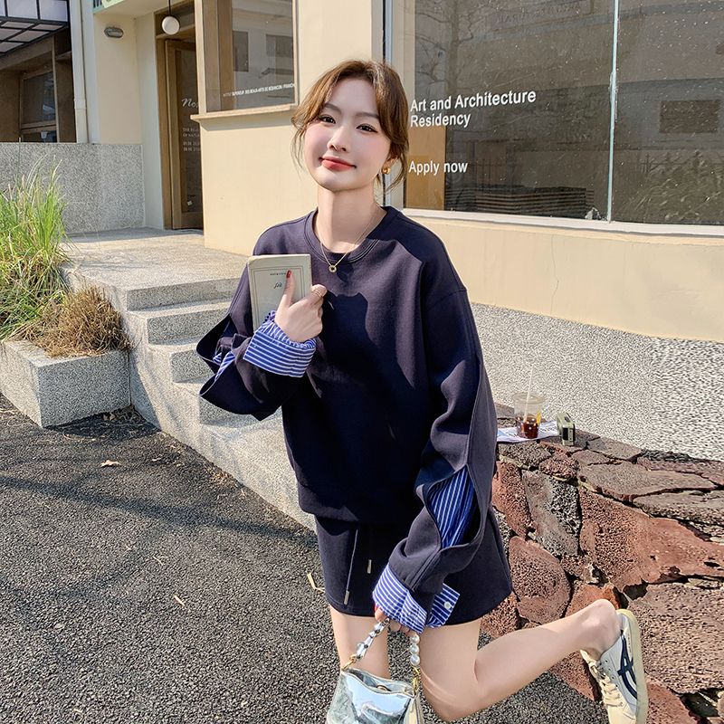 藏青色小个子条纹拼接卫衣套装裙女2025春季新款高腰半身裙两件套