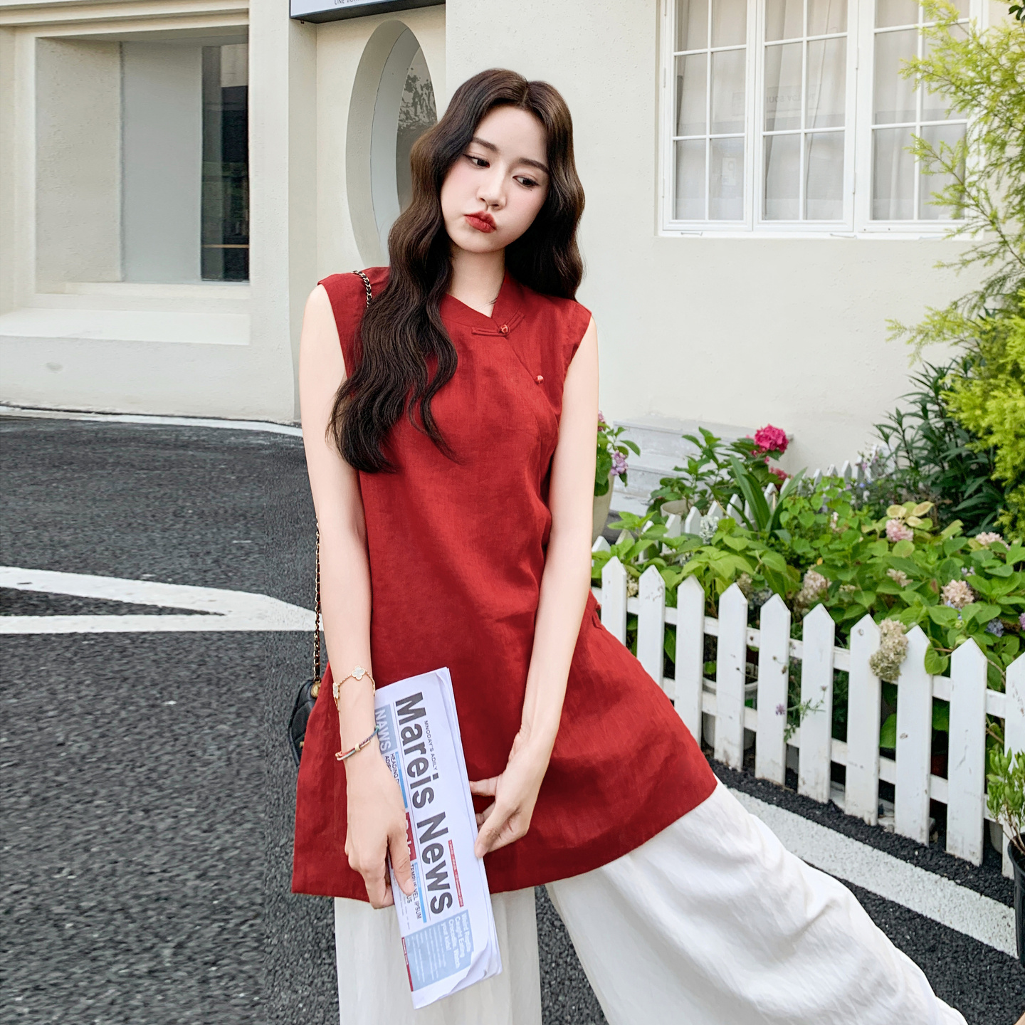 红白新中式国风复古高级感背心套装女2025年夏季新款阔腿裤两件套