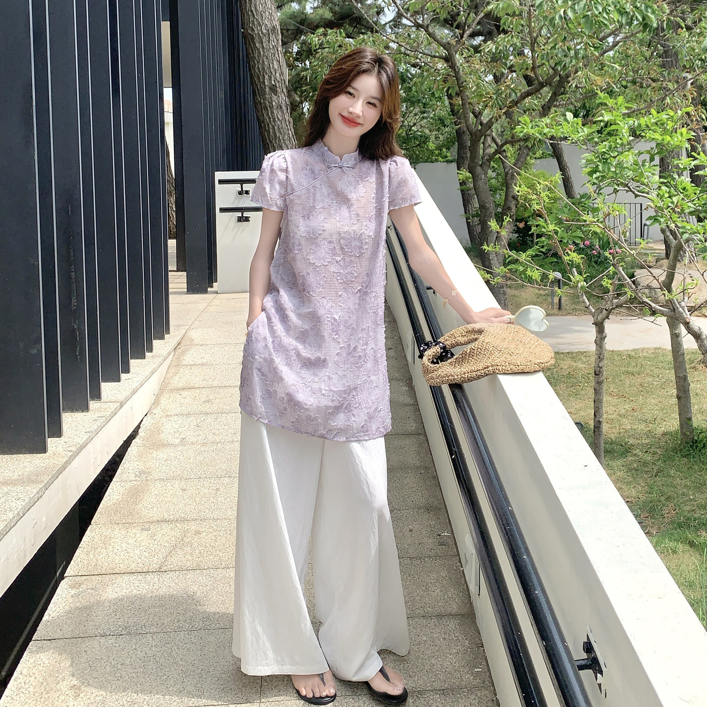 紫色新中式国风绝美改良旗袍上衣套装女2025夏季新款阔腿裤两件套