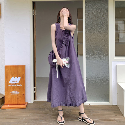 紫色韩系气质少女感文艺范连衣裙女2025夏季新款温柔风甜美背心裙