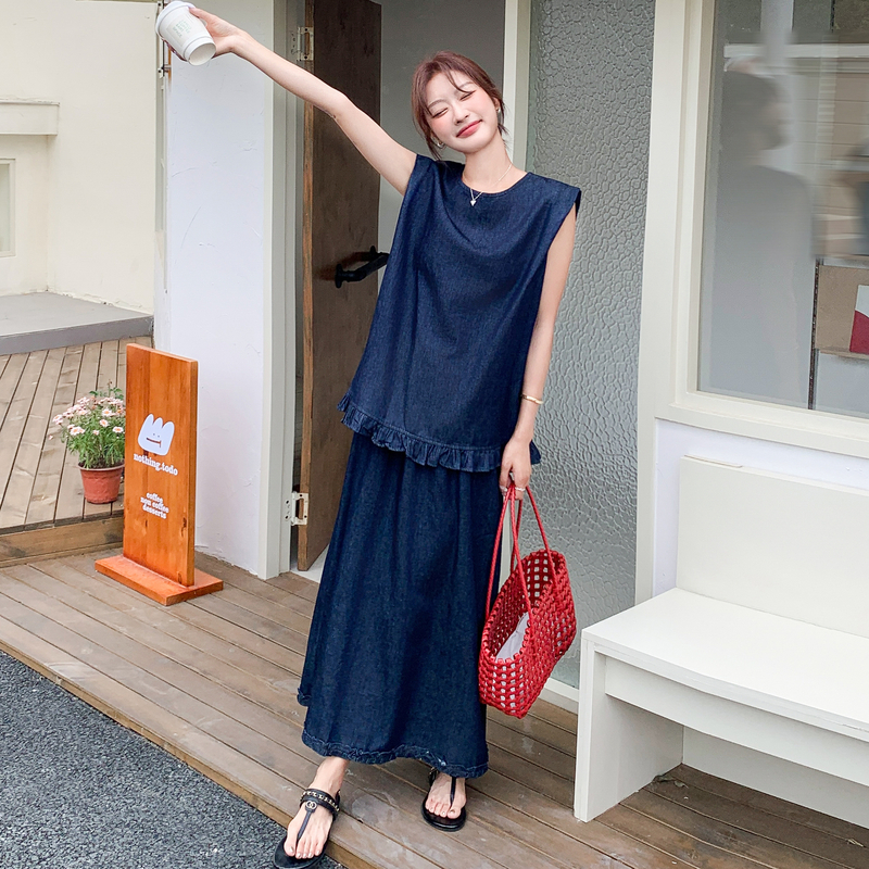 蓝色法式复古木耳边牛仔套装裙女2025年夏季新款背心半身裙两件套