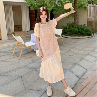 粉色法式 刺绣拼接小清新长裙 清纯甜美少女感连衣裙女2025夏季 新款