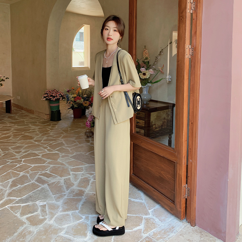 卡其色西装套装女2025夏季新款设计感高级感气质通勤风长裤两件套