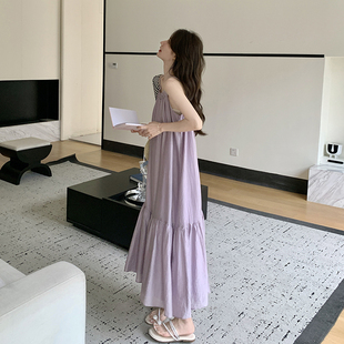 新款 紫色海边度假风拼接荷叶边吊带长裙女2025夏季 温柔甜美连衣裙