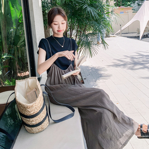吊带阔腿裤套装女2025夏季新款百搭宽松遮肉设计小众背带裤两件套