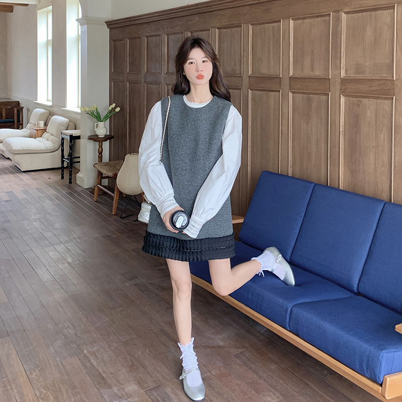 灰色韩系小个子拼接背心连衣裙套装女2025春季新款打底衬衫两件套