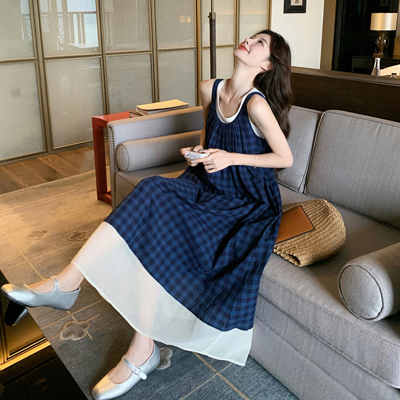 藏青色法式背心吊带连衣裙女