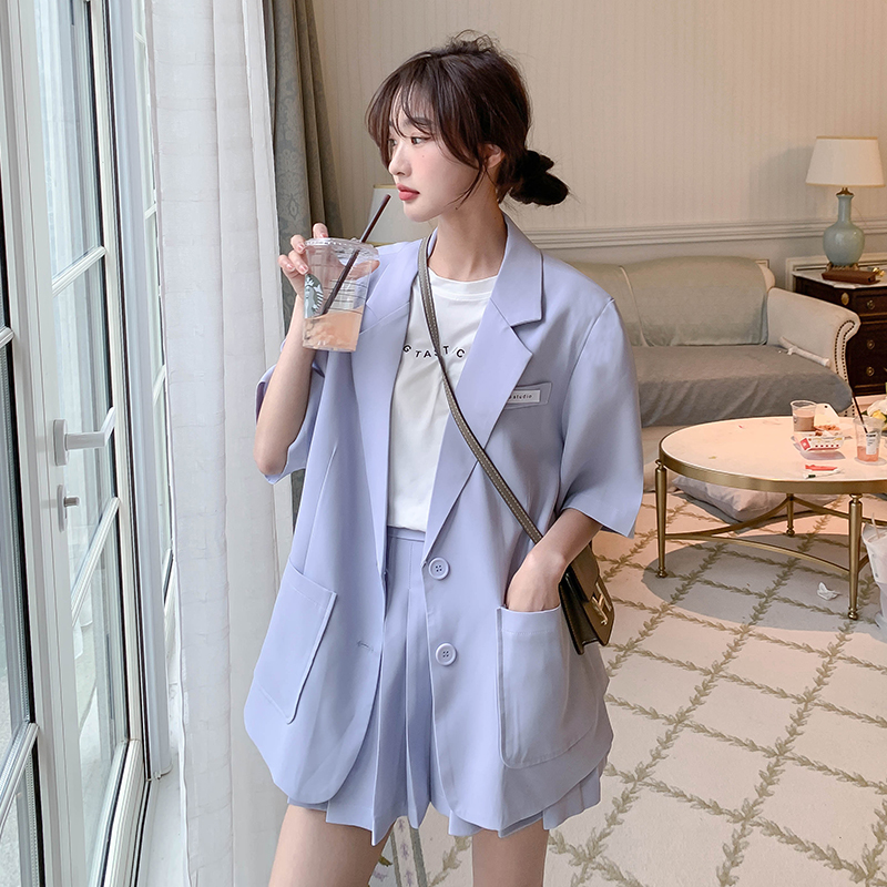 短袖西装套装夏季2025新款高级感小个子休闲薄百褶半身裙两件套女
