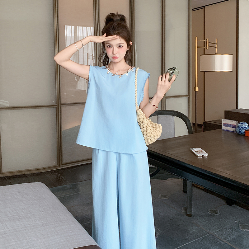 蓝色贝壳装饰慵懒风背心套装女2025夏季新款宽松休闲阔腿裤两件套