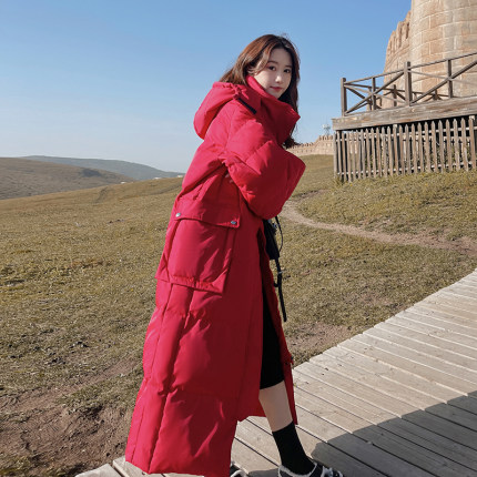 红色高级感羽绒棉服女冬季2025年新款长款过膝到脚踝加厚棉衣外套