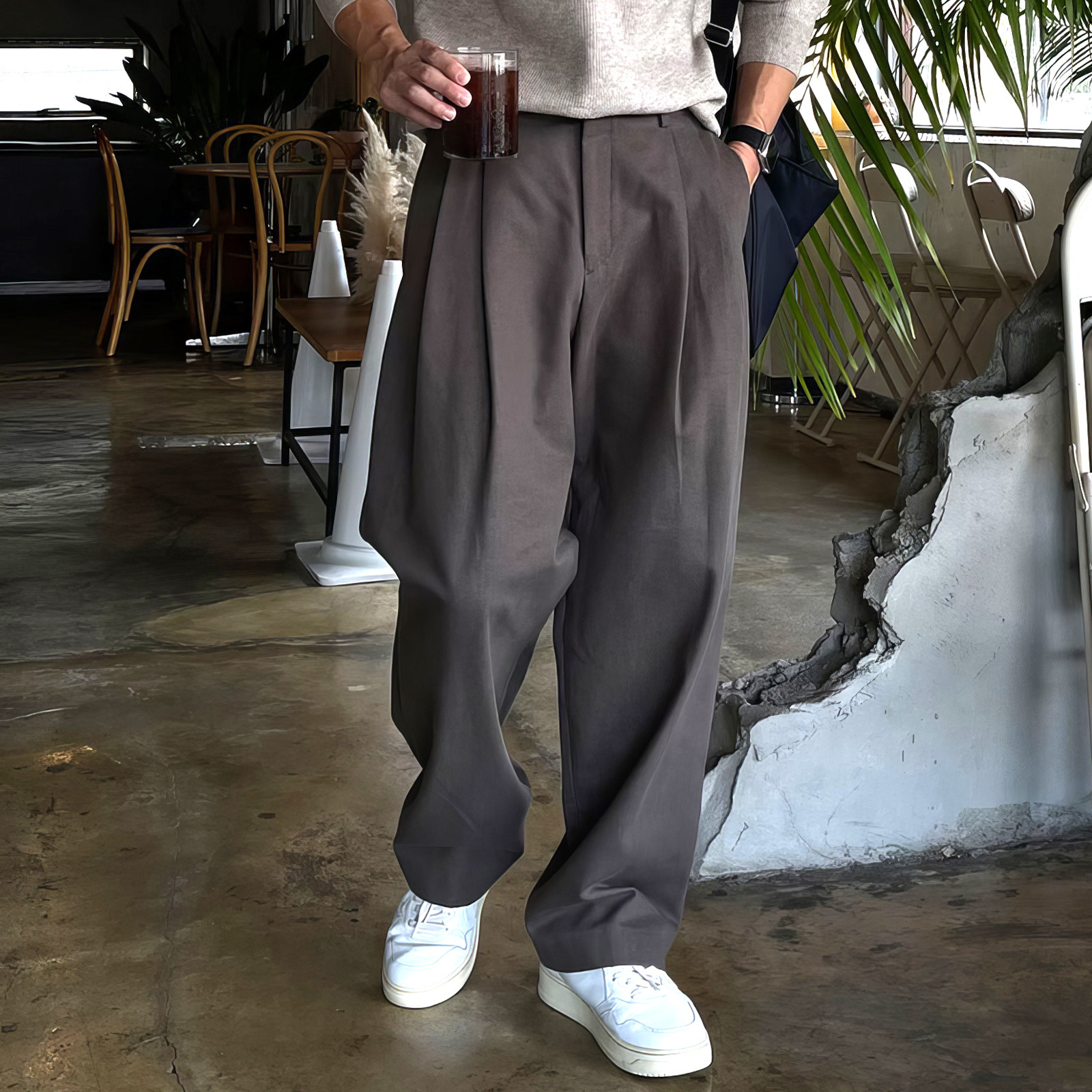 深灰色双褶皱西裤男春秋港风覆古小众设计休闲 裤宽松直筒垂感长