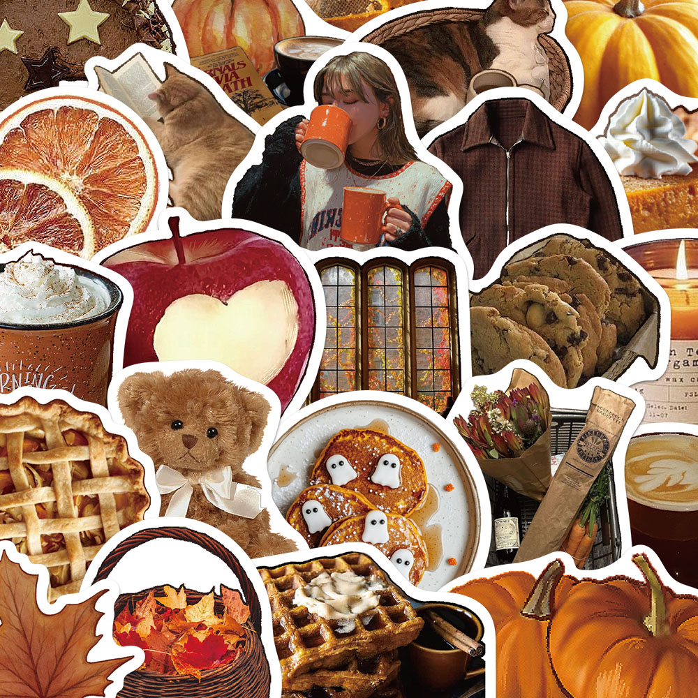 106张秋日复古ins贴纸棕色文艺简约手账手机壳笔记本装饰防水贴画