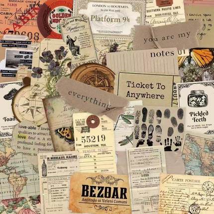 50张复古档案贴纸笔记本电脑手账本手机壳水杯装饰防水diy贴画