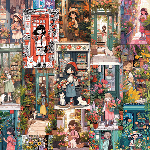 50张花店中的小女孩与猫咪贴纸卡通可爱手机壳笔记本装饰防水贴画