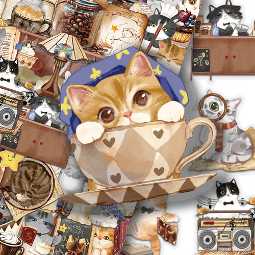 100张魔法猫咖贴纸小猫咪卡通手账手机壳笔记本桌面装饰防水贴画