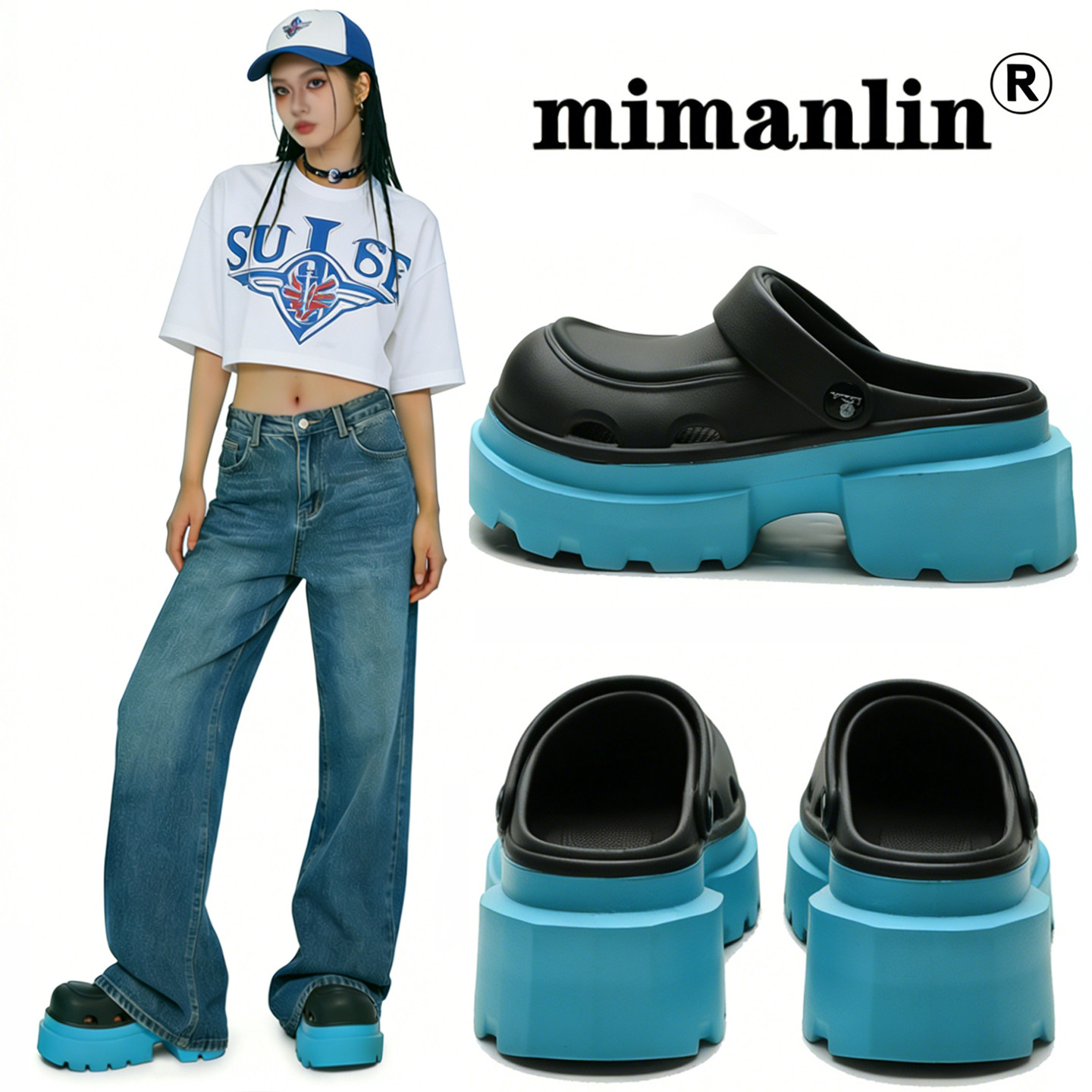 夏季黑蓝拼色厚底洞洞鞋女增高凉拖鞋外穿时尚松糕沙滩大头凉拖鞋