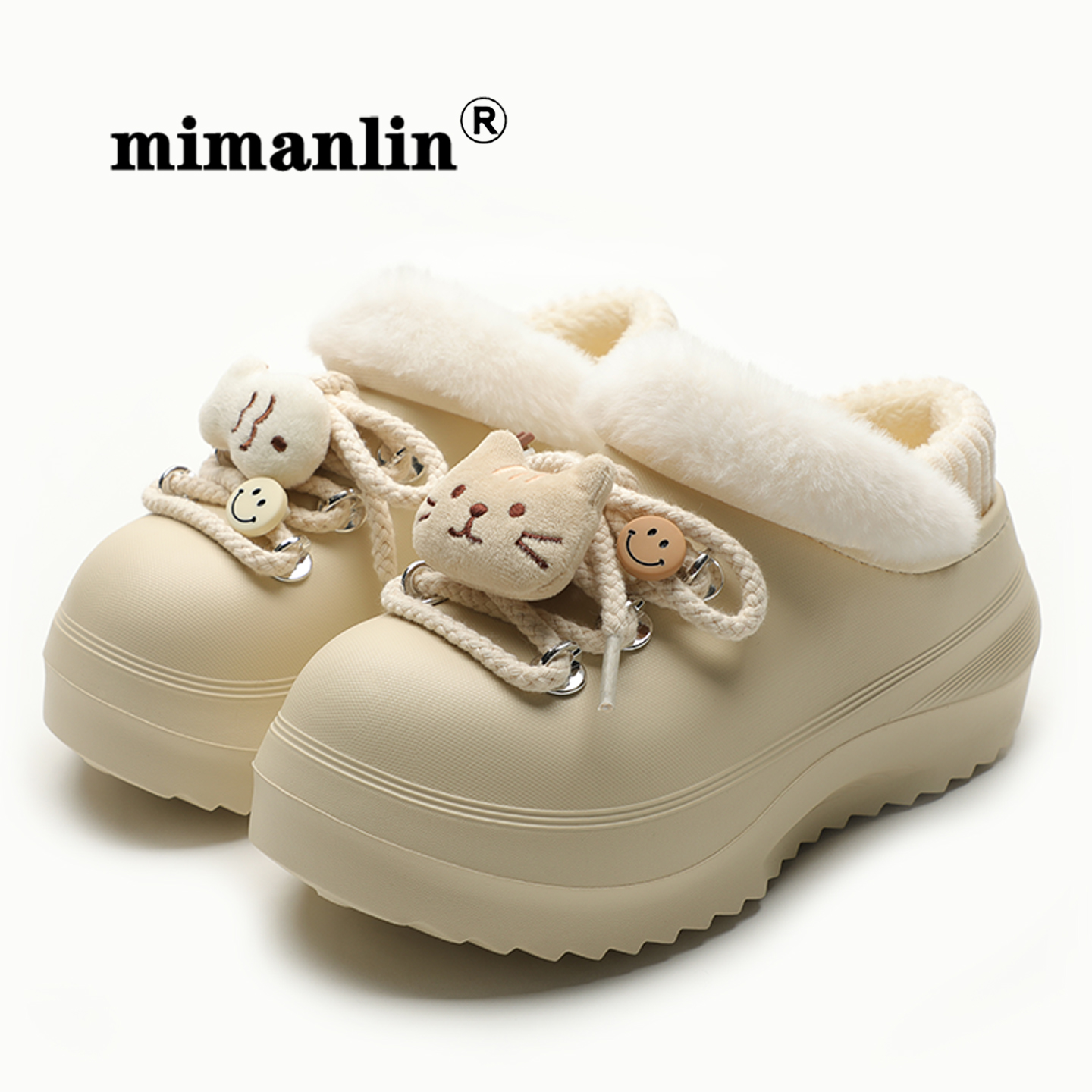 增高毛毛棉鞋女冬厚底加绒软萌可爱保暖一脚蹬防滑防水休闲雪地靴