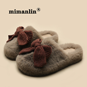 蝴蝶结包头平底毛毛拖鞋 女秋冬外穿保暖软底懒人居家休闲毛绒棉拖