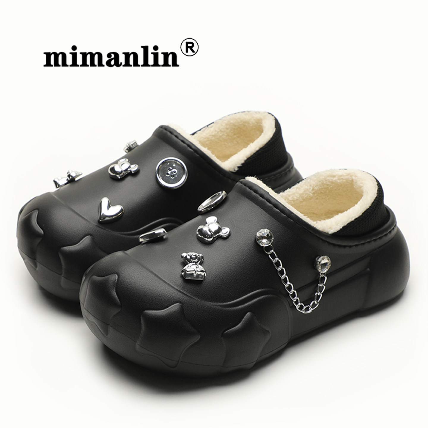 甜酷风链条小熊装饰加绒洞洞鞋秋冬保暖防滑防水居家用外穿棉拖鞋,女鞋,棉鞋,淘宝优惠券,粉丝福利购,淘宝优惠卷