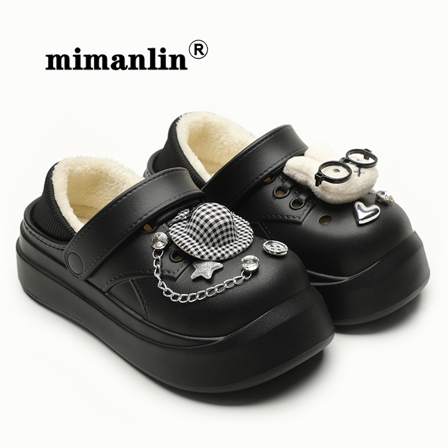 链条水钻加绒保暖秋冬潮酷少女棉鞋外穿防滑防水一脚蹬厚底棉拖鞋