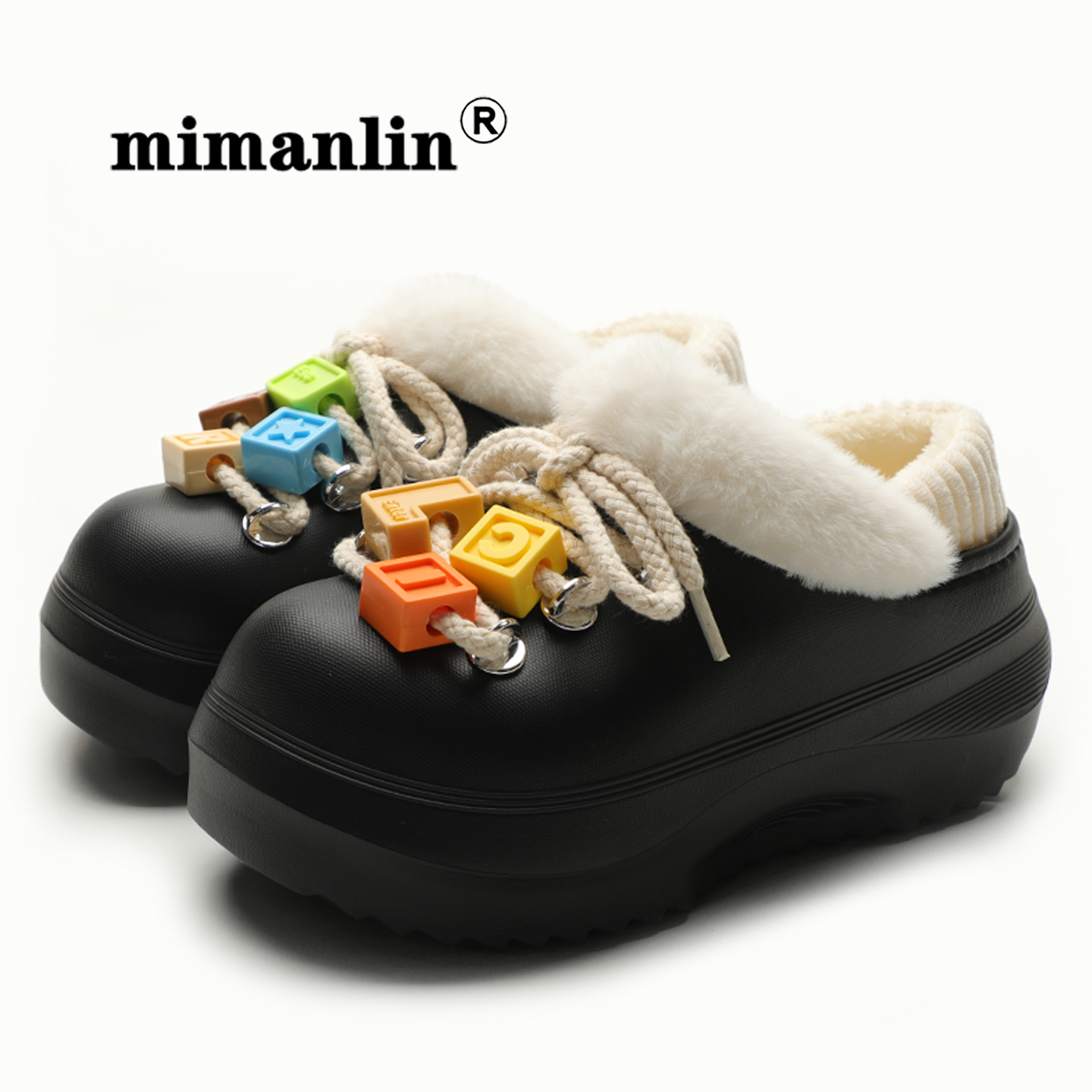 6cm增高秋冬加绒保暖毛毛棉鞋女彩色积木扣潮酷厚底防滑休闲棉拖