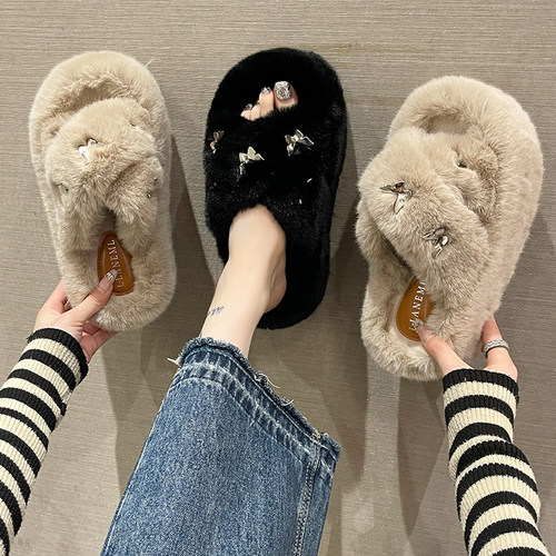 米曼琳毛绒厚底拖鞋女增高百搭