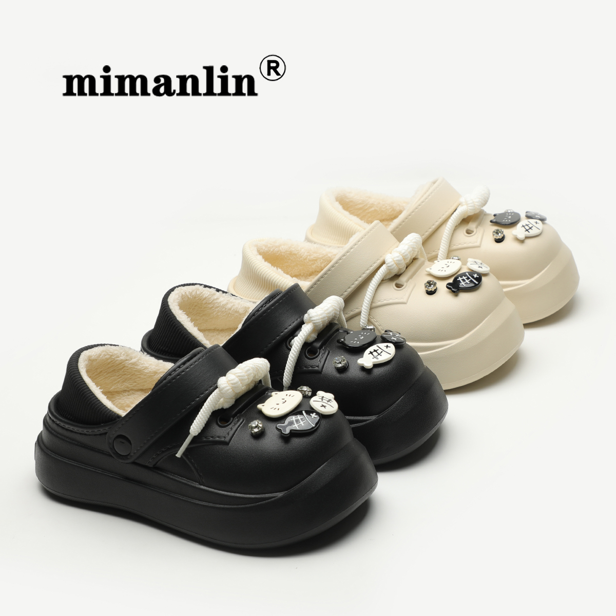 米曼琳可爱厚底棉拖鞋女冬加绒外穿防滑防水棉鞋2024新款洞洞鞋子