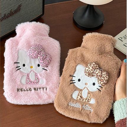 可爱豹纹Hello Kitty毛绒注水热水袋ins加厚内胆暖手宝暖宝宝