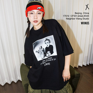 WIINUS24年创年夏季新款复古机器人黑色印花纯棉短袖T恤情侣款